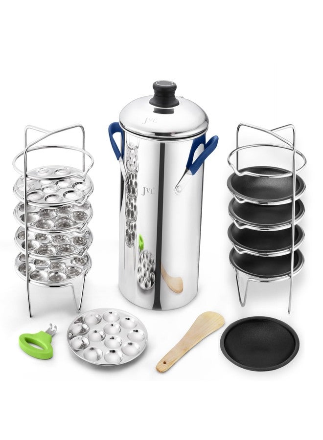 JVL صانعة إيدلي ثاتيه ثلاثية القاعدة من الفولاذ المقاوم للصدأ من JVL (5 أطباق ثاتيه إيدلي، 5 أطباق إيدلي صغيرة) وعاء تبخير واحد، 5 أطباق ثاتيه إيدلي، 5 أطباق إيدلي صغيرة، حامل واحد، رافعة واحدة، وملعقة واحدة - Image 1